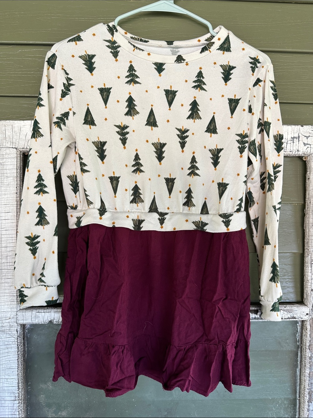 Kids Holiday Tree Print Long Sleeve Dress - White & Burgundy